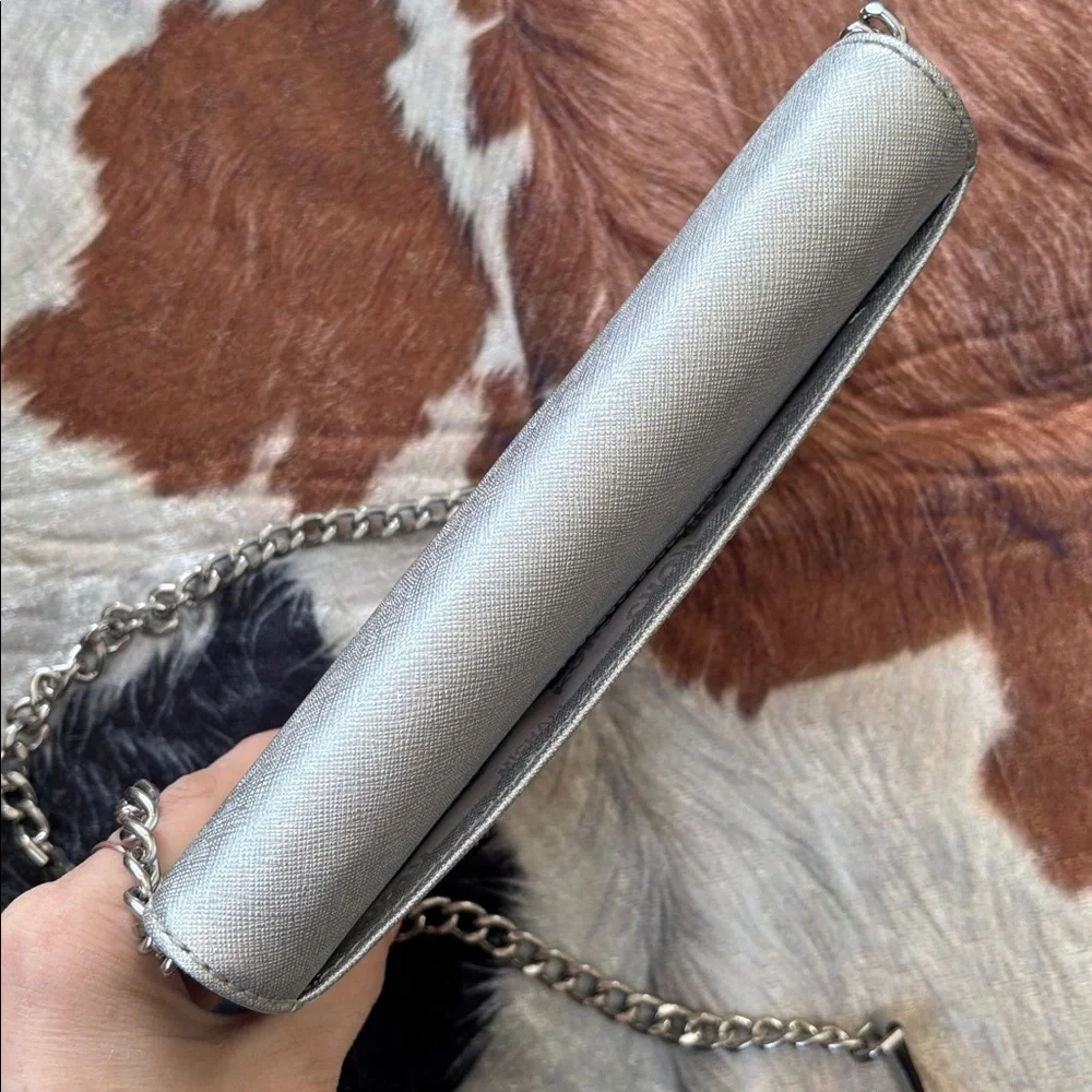Michael Kors Genuine Leather Lana Wallet Clutch Bag Metallic Silver Crossbody
